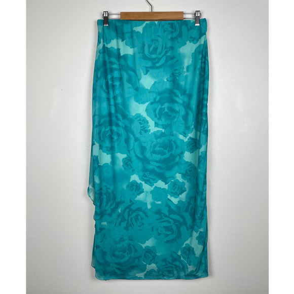 Something New Maxi Skirt S Teal Blue Floral Ruffle Mesh Fairy Mermaid Leg Slit - Picture 2 of 13